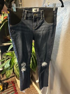 PAIGE Dark Indigo Maternity Skinny Jeans with Distressed Knees